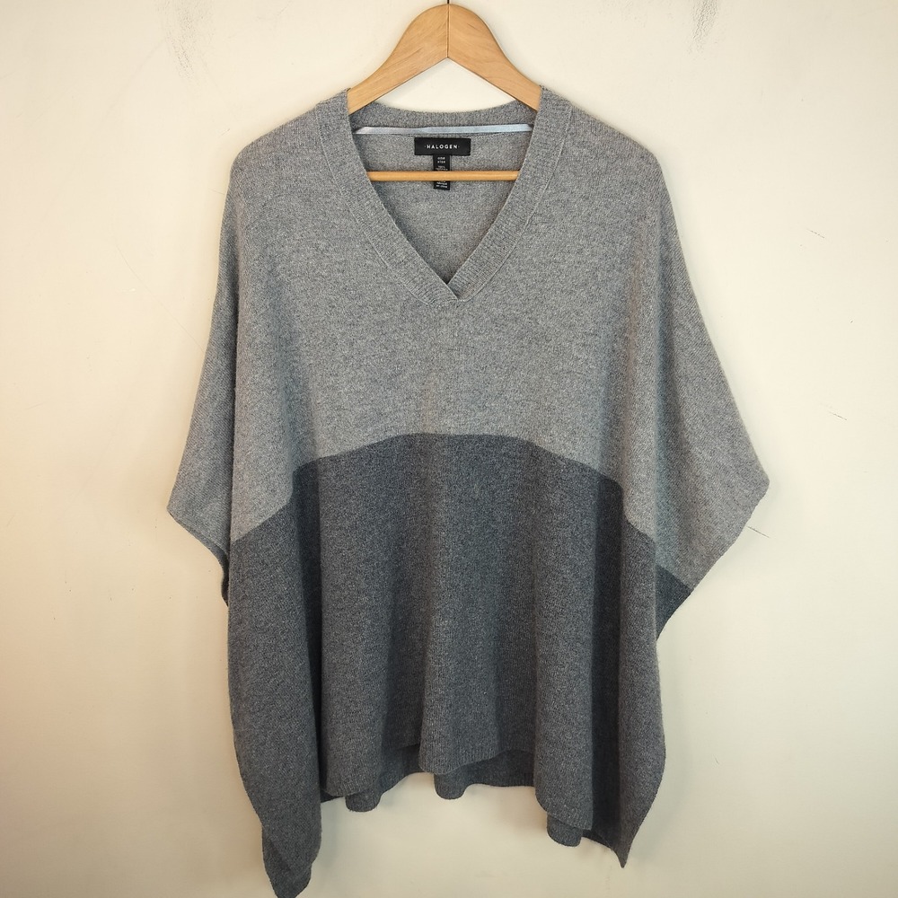 Halogen Cashmere Poncho Sweater Womens One Size  V-Neck Colorblock Cozy Minimal